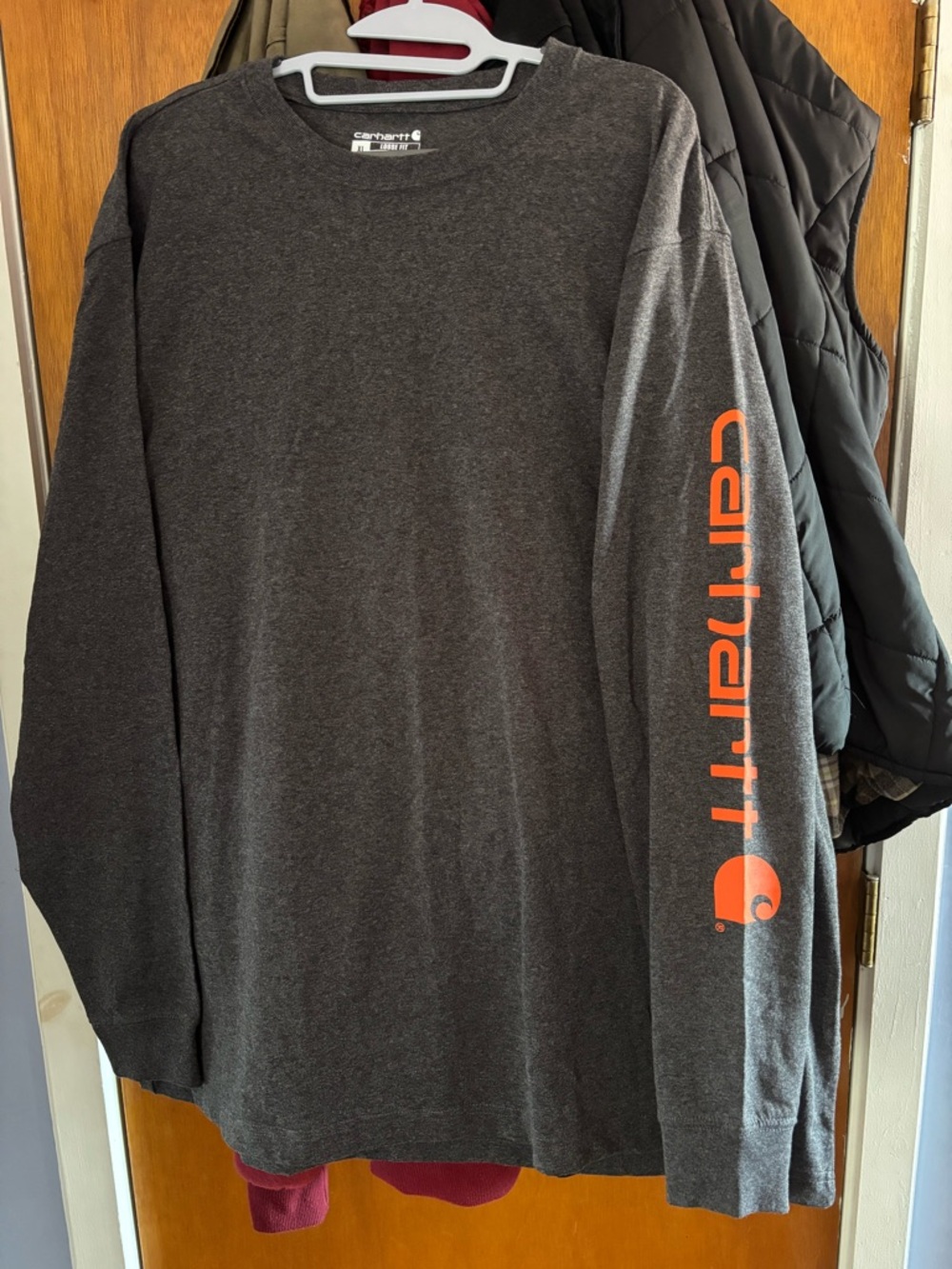 NWT Carhartt Charcoal Loose Fit Long-Sleeve Tee with Orange Sleeve Logo